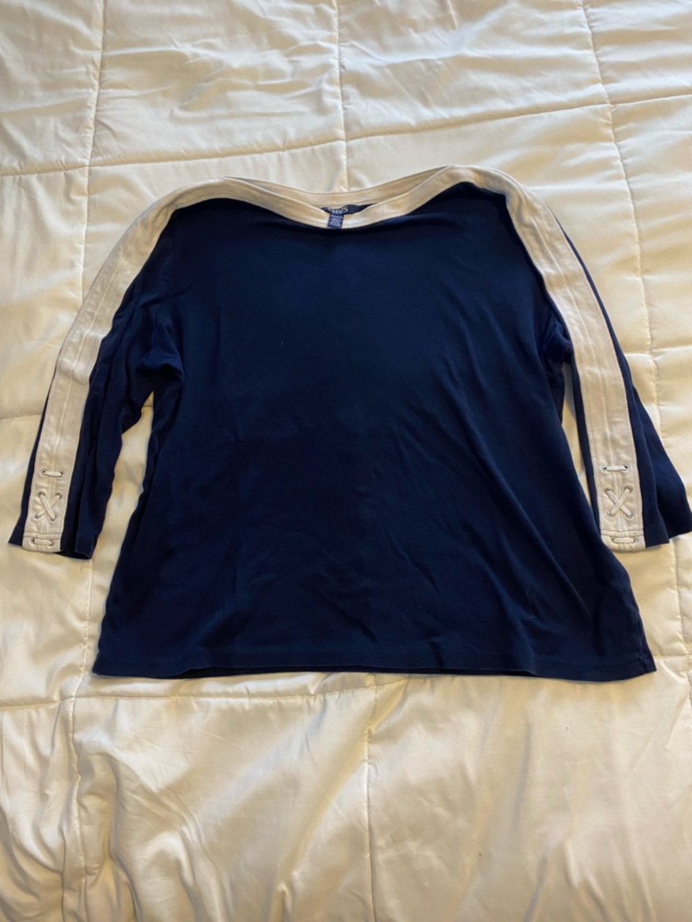 Chaps Navy 3/4-Sleeve Boatneck Top with white Shoulder Stripes 100% cotton